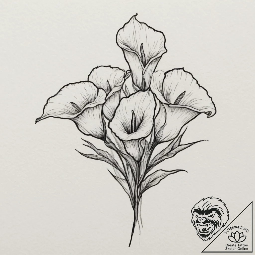 Calla lilies, tattoo drawing outline, vibrant... - tattoo sketch (№1751328471_0, 01.07.2025 00:07) — tattoovalue.net
