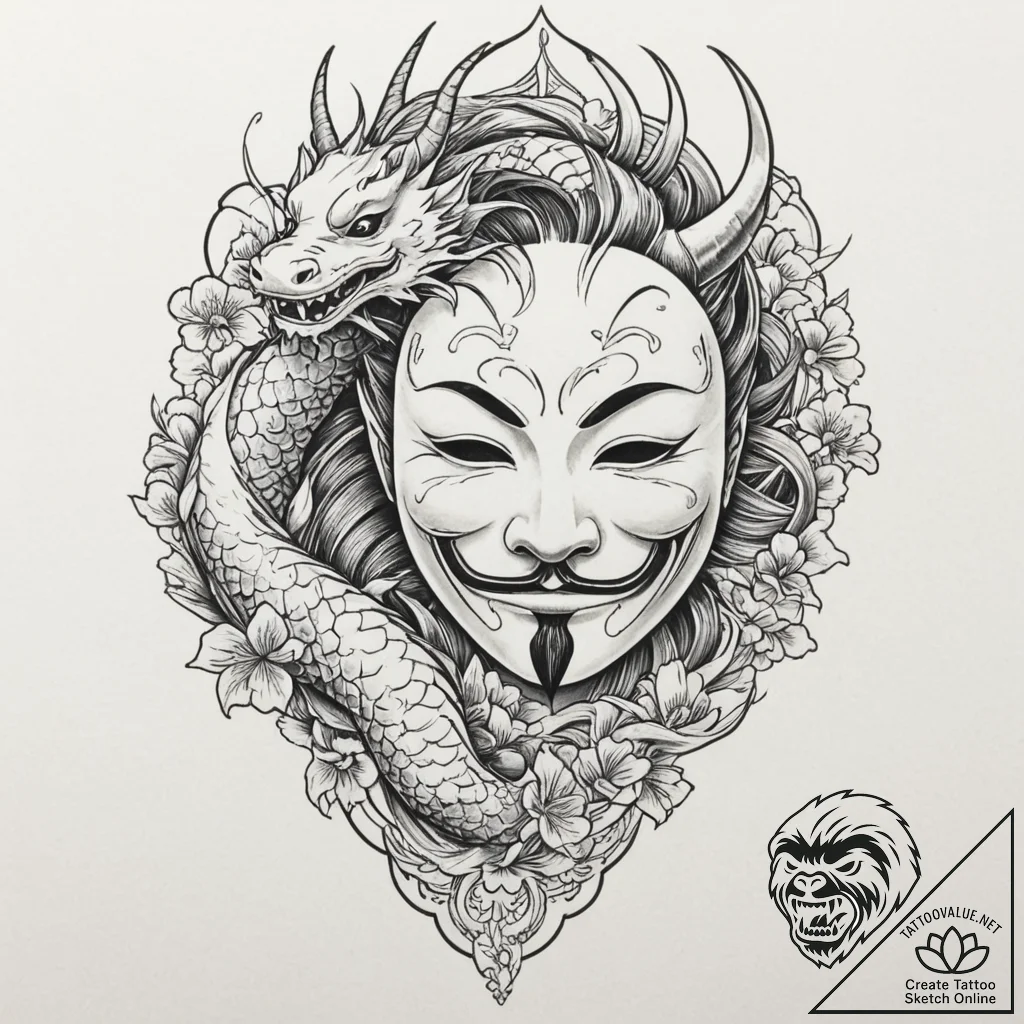 V for vendetta mask, tattoo drawing outline,... - tattoo sketch (№1751330059_0, 01.07.2025 00:34) — tattoovalue.net