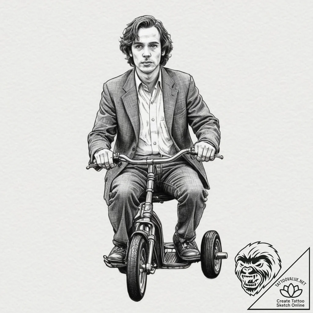 A linework tattoo of danny torrance on his tr... - tattoo sketch (№1751331494_0, 01.07.2025 00:58) — tattoovalue.net