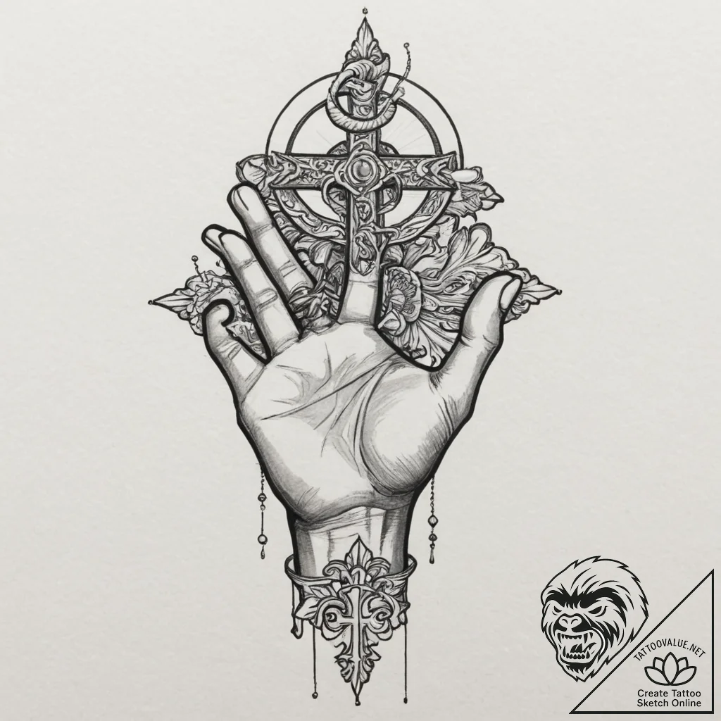 Cross on finger, concept art for tattoo, old... - tattoo sketch (№1751331972_0, 01.07.2025 01:06) — tattoovalue.net