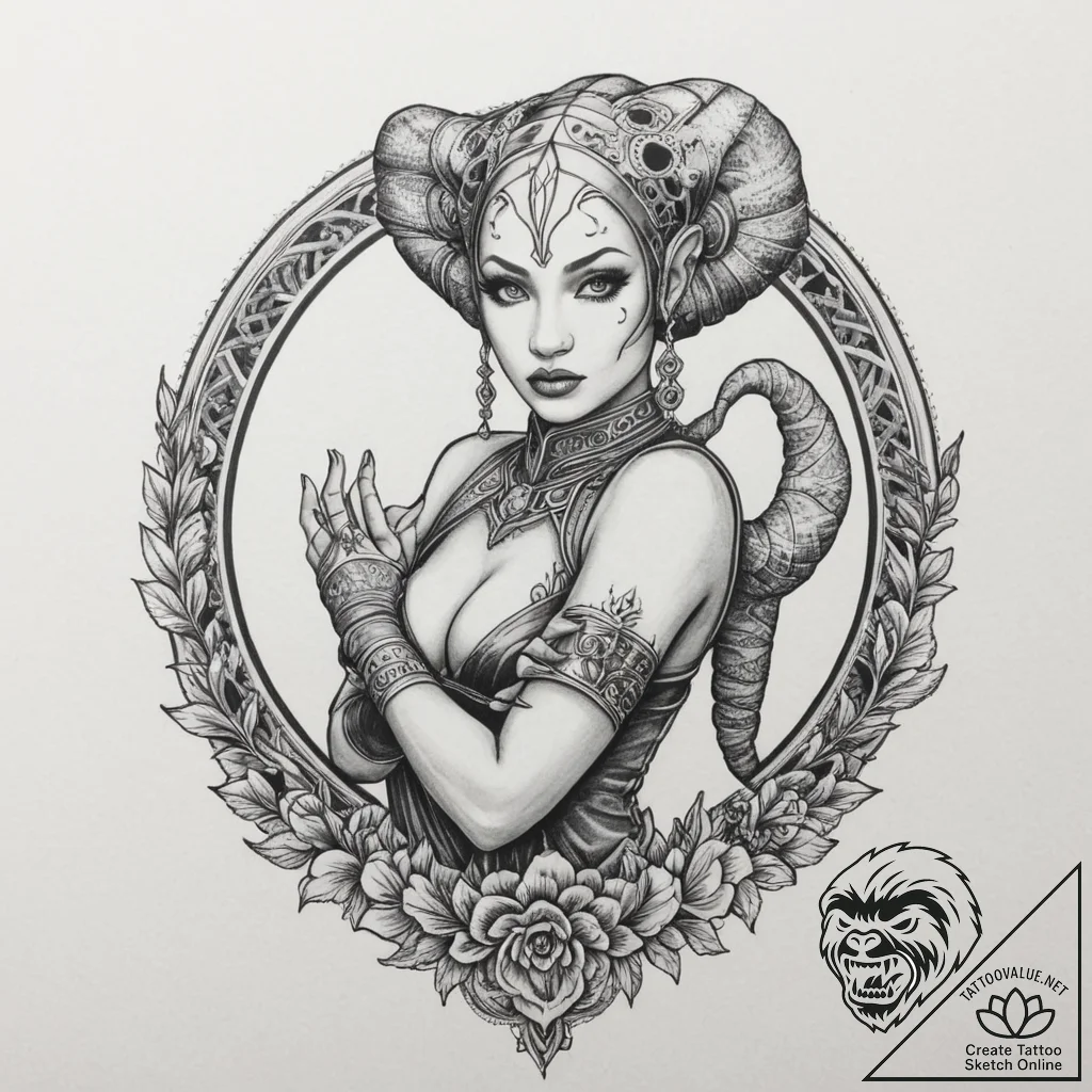 Chicano style art of a beautiful twi'lek danc... - tattoo sketch (№1751334295_0, 01.07.2025 01:44) — tattoovalue.net
