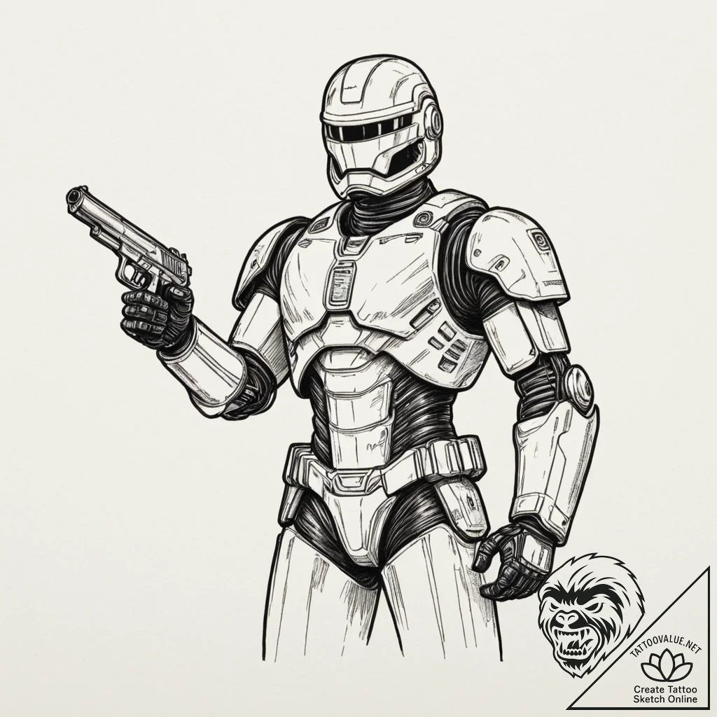 A graphic novel style tattoo of robocop with... - tattoo sketch (№1751334695_0, 01.07.2025 01:51) — tattoovalue.net