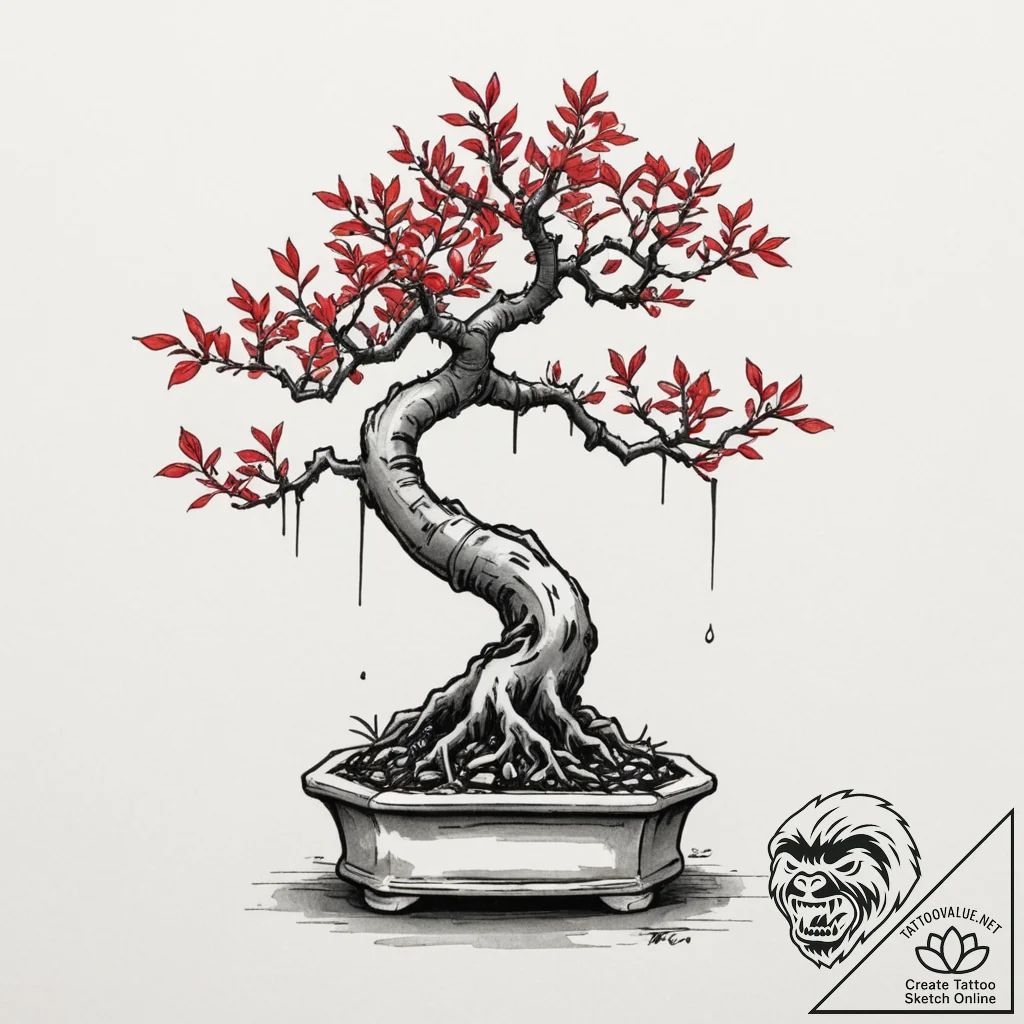 Bonsai, artistic tattoo sketch, black and red... - tattoo sketch (№1751335498_0, 01.07.2025 02:04) — tattoovalue.net