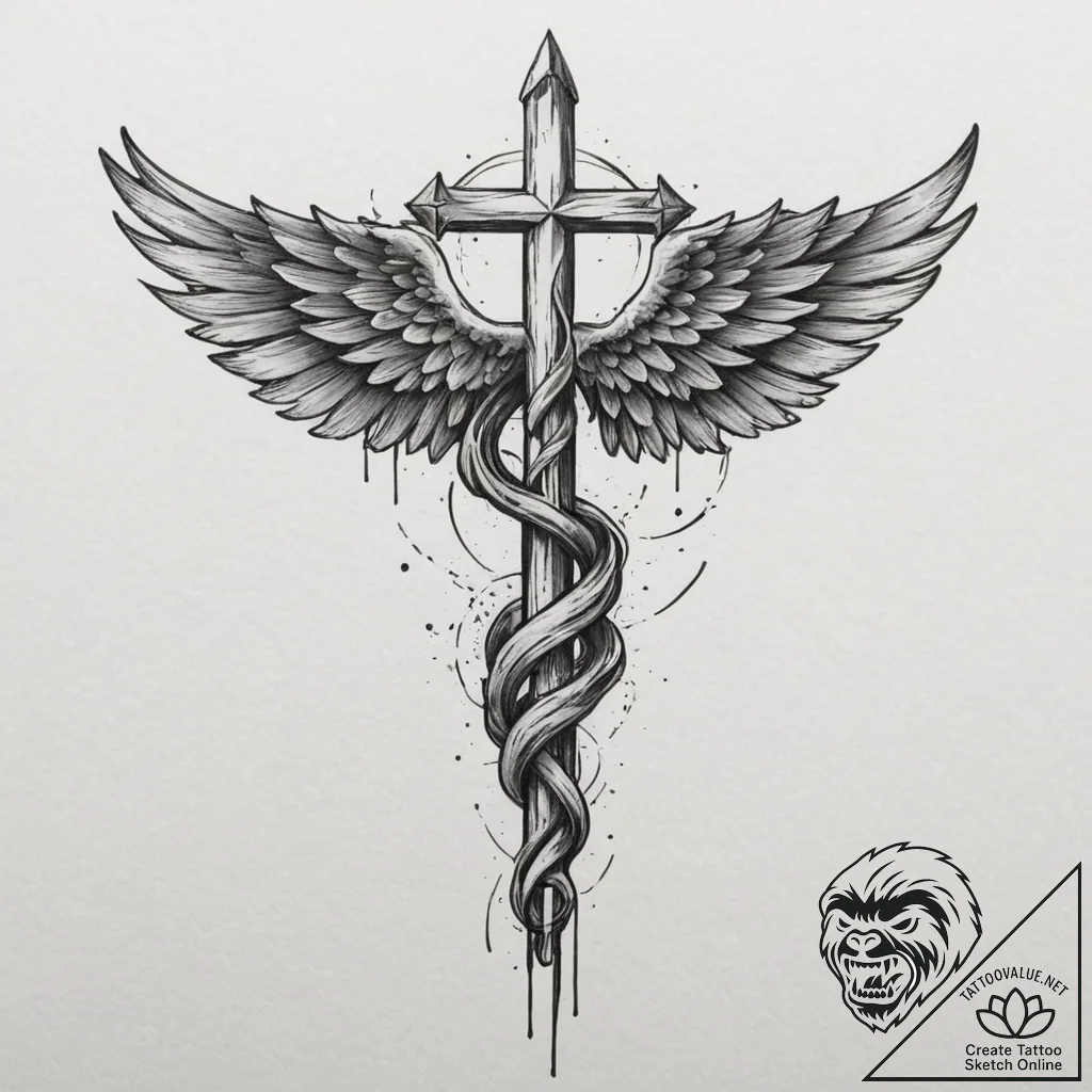 Caduceus, tattoo flash sheet design, detailed... - tattoo sketch (№1751336378_0, 01.07.2025 02:19) — tattoovalue.net