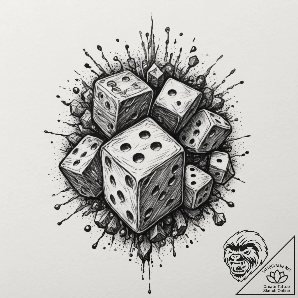 Dice, tattoo line art, moderately detailed, b... - tattoo sketch (№1751337094_0, 01.07.2025 02:31) — tattoovalue.net