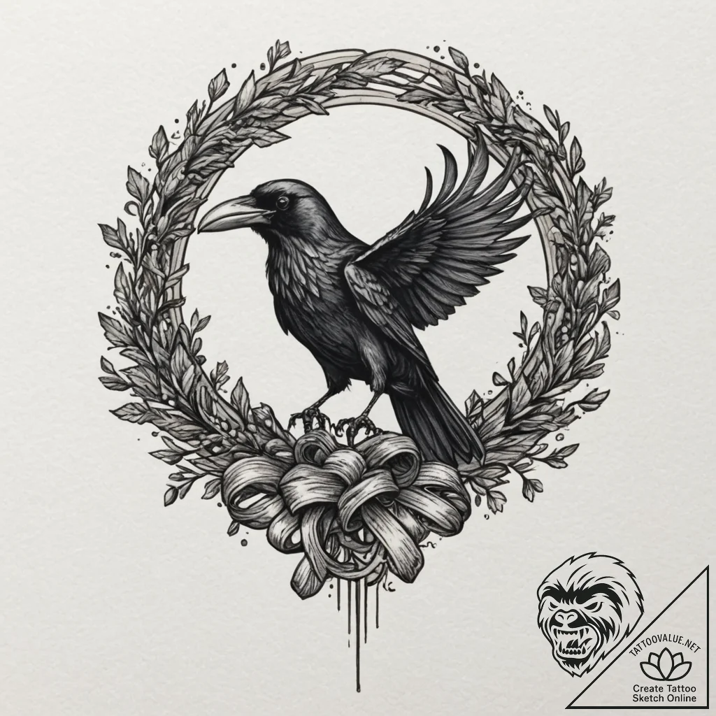 A raven unravelling into a ribbon of ink, tat... - tattoo sketch (№1751337895_0, 01.07.2025 02:44) — tattoovalue.net