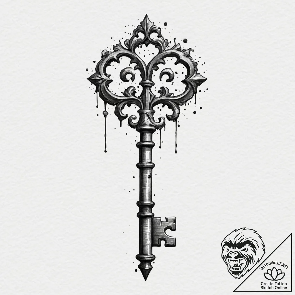 An old skeleton key, ink illustration for tat... - tattoo sketch (№1751338613_0, 01.07.2025 02:56) — tattoovalue.net