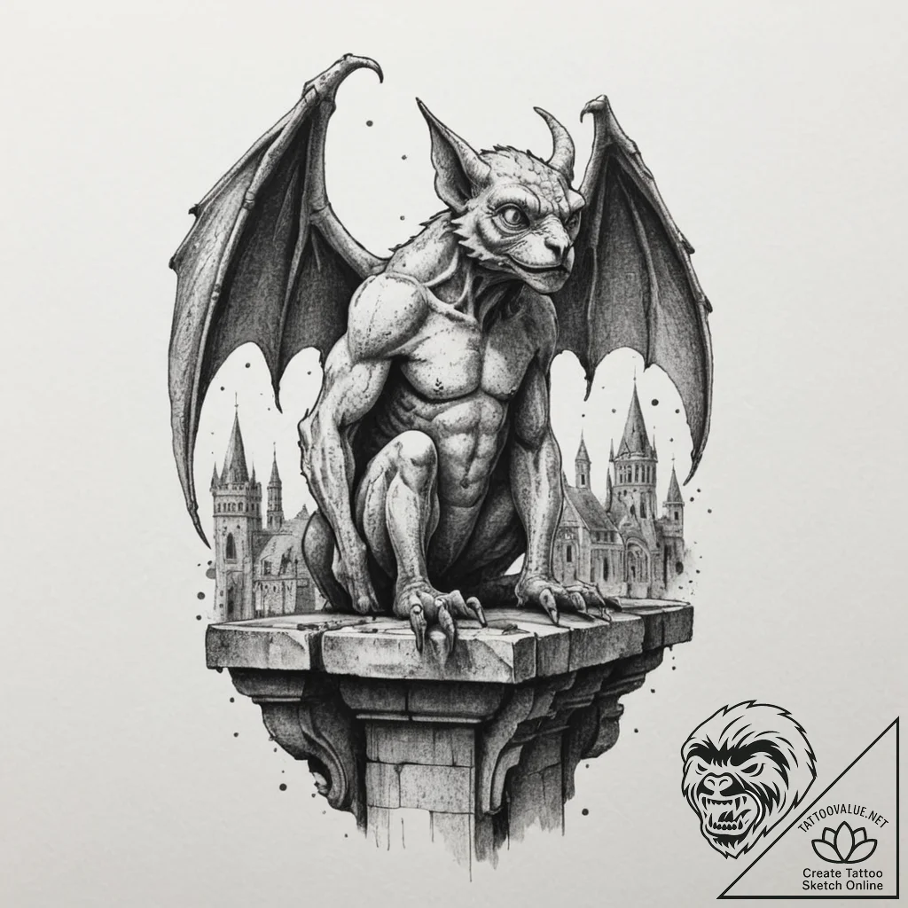 A graphic novel style tattoo of a gargoyle pe... - tattoo sketch (№1751338778_0, 01.07.2025 02:59) — tattoovalue.net