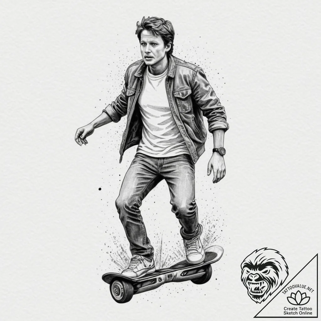 128. a watercolor sketch of marty mcfly on th... - tattoo sketch (№1751340057_0, 01.07.2025 03:20) — tattoovalue.net