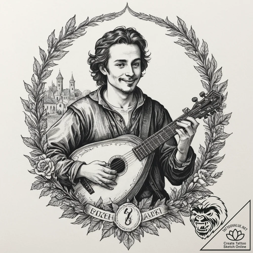 A sketch of jaskier the bard, with his lute a... - tattoo sketch (№1751340545_0, 01.07.2025 03:29) — tattoovalue.net