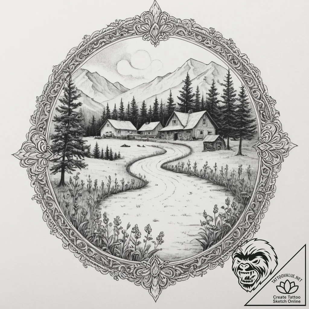 A linework tattoo of the mysterious farm from... - tattoo sketch (№1751341831_0, 01.07.2025 03:50) — tattoovalue.net