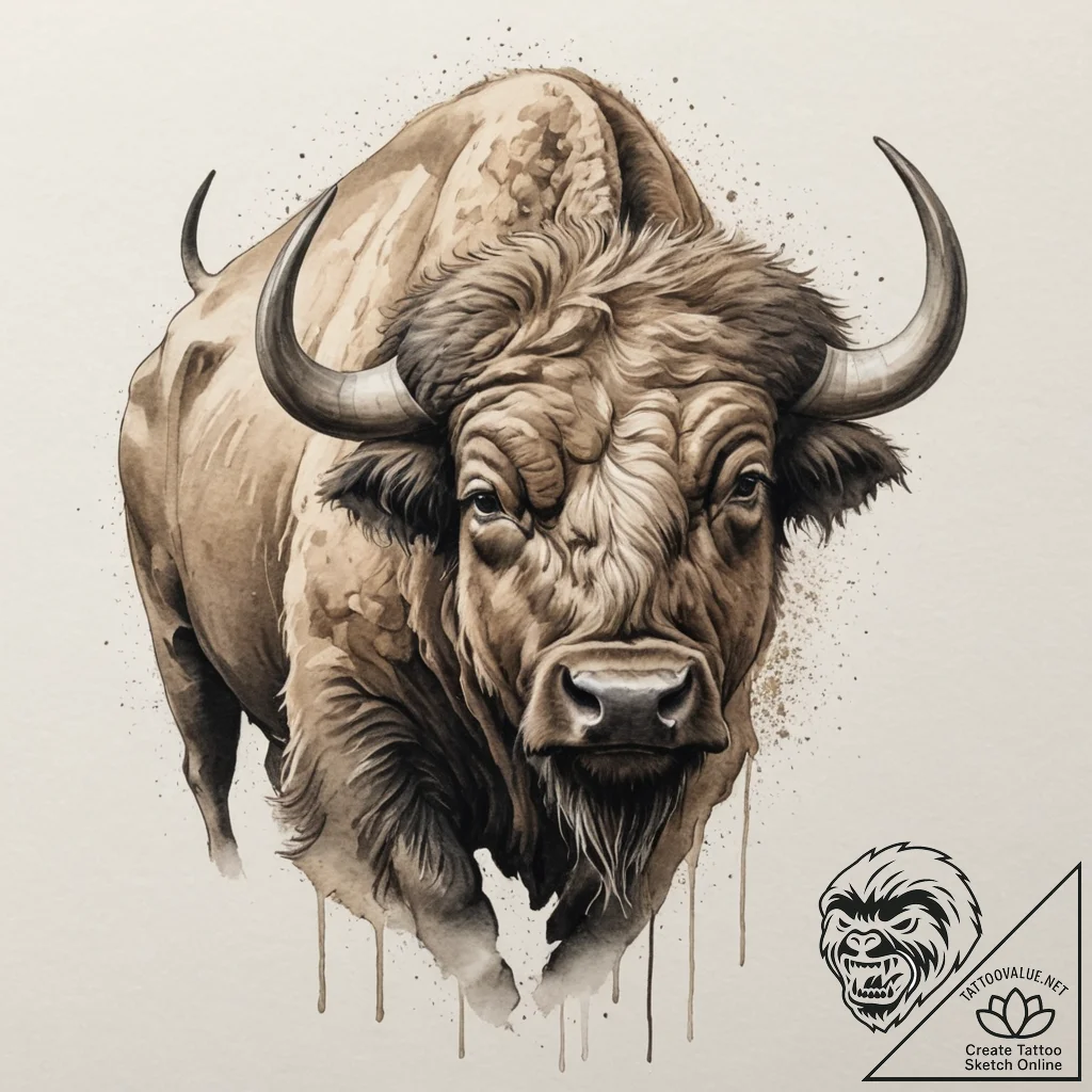 Buffalo, concept art for tattoo, clean lines,... - tattoo sketch (№1751342713_0, 01.07.2025 04:05) — tattoovalue.net