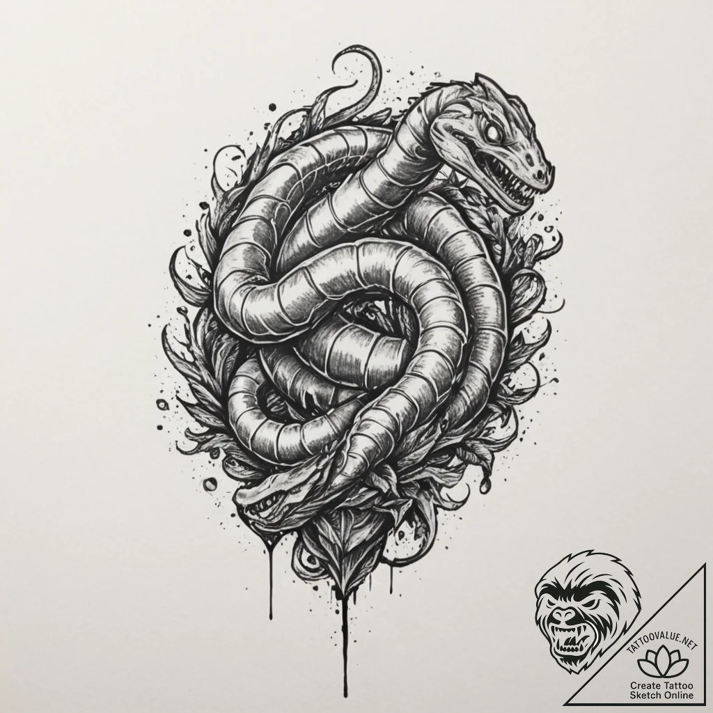 A trash polka composition of a sandworm, spic... - tattoo sketch (№1751343509_0, 01.07.2025 04:18) — tattoovalue.net