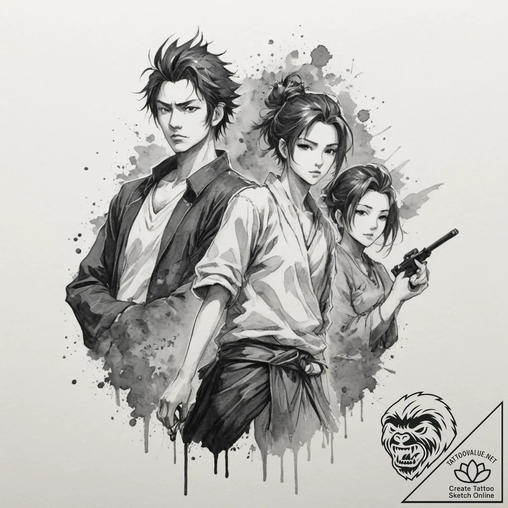A watercolor sketch of the main characters fr... - tattoo sketch (№1751343745_0, 01.07.2025 04:22) — tattoovalue.net