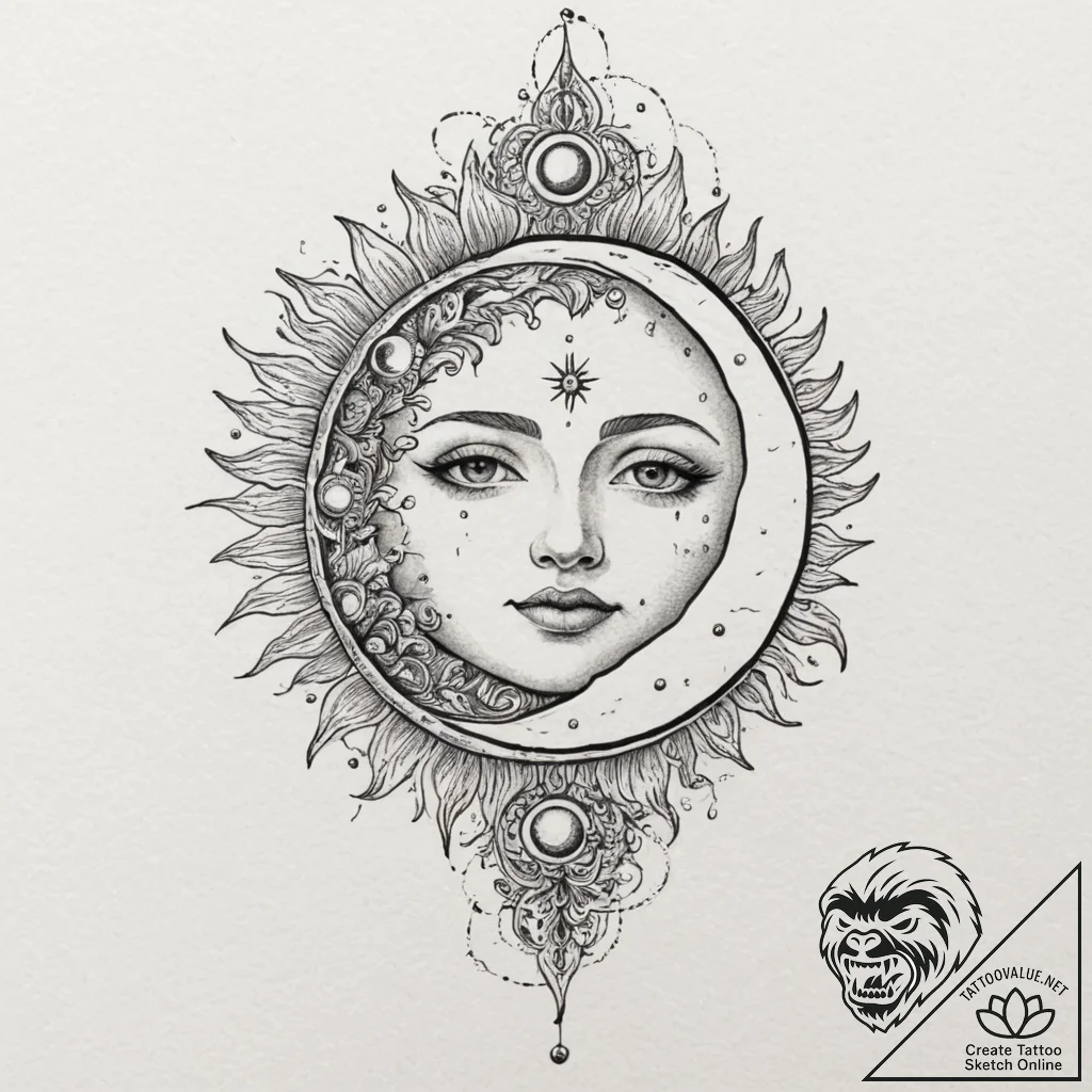 Sun and moon, ink illustration for tattoo, dy... - tattoo sketch (№1751344147_0, 01.07.2025 04:29) — tattoovalue.net