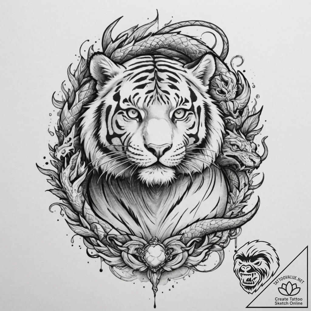 Tiger and dragon, ink illustration for tattoo... - tattoo sketch (№1751344942_0, 01.07.2025 04:42) — tattoovalue.net