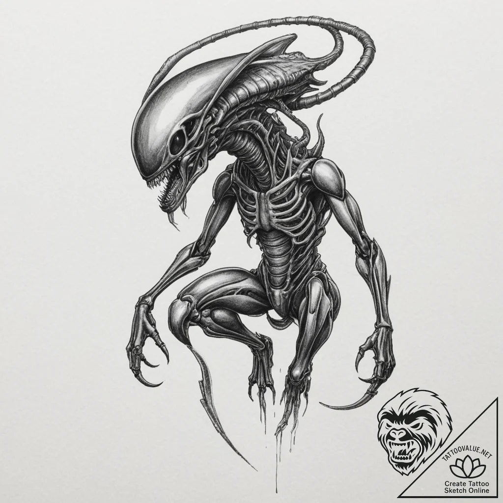 A xenomorph from alien, tattoo line art, soft... - tattoo sketch (№1751345020_0, 01.07.2025 04:43) — tattoovalue.net