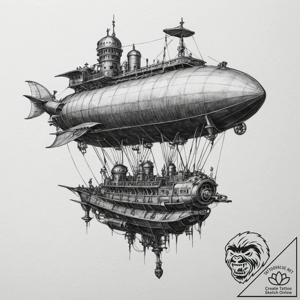 Steampunk airship, concept art for tattoo, bl... - tattoo sketch (№1751345342_0, 01.07.2025 04:49) — tattoovalue.net