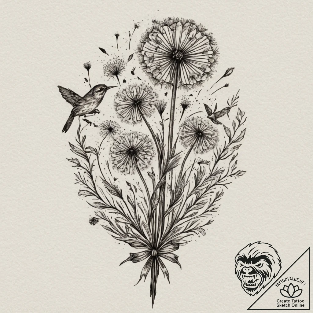 Dandelion with birds, tattoo drawing outline,... - tattoo sketch (№1751346136_0, 01.07.2025 05:02) — tattoovalue.net
