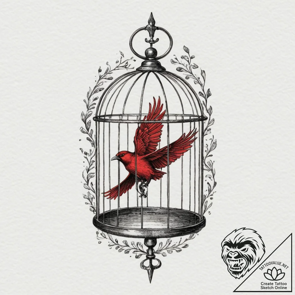 Bird and cage, concept art for tattoo, minima... - tattoo sketch (№1751348601_0, 01.07.2025 05:43) — tattoovalue.net