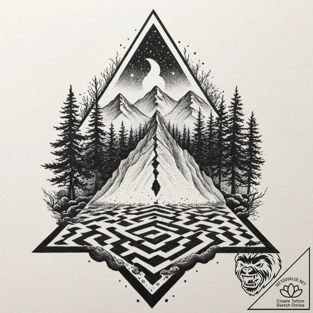 A surrealist tattoo sketch of the black lodge... - tattoo sketch (№1751350959_0, 01.07.2025 06:22) — tattoovalue.net