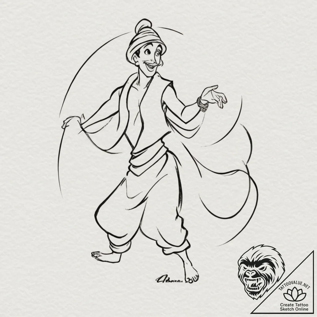 A sketch of the genie from aladdin, "you ain'... - tattoo sketch (№1751351767_0, 01.07.2025 06:36) — tattoovalue.net