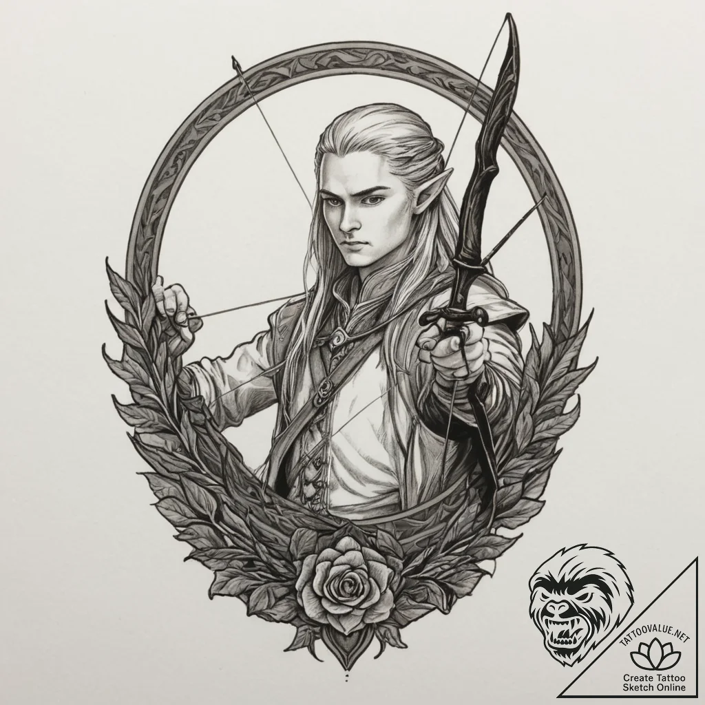 A sketch of legolas with his bow, graceful an... - tattoo sketch (№1751353288_0, 01.07.2025 07:01) — tattoovalue.net