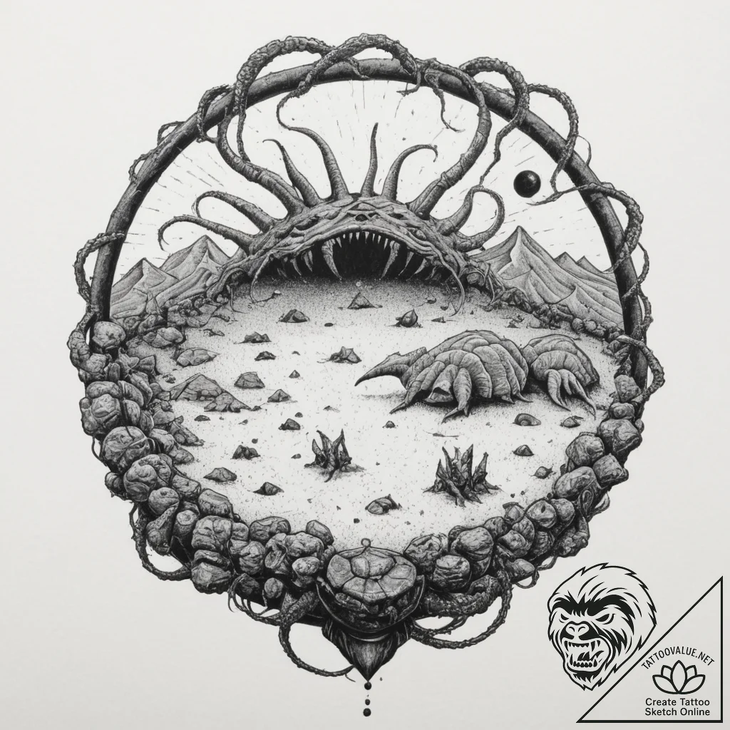 A trash polka design of the sarlacc pit, chao... - tattoo sketch (№1751354168_0, 01.07.2025 07:16) — tattoovalue.net