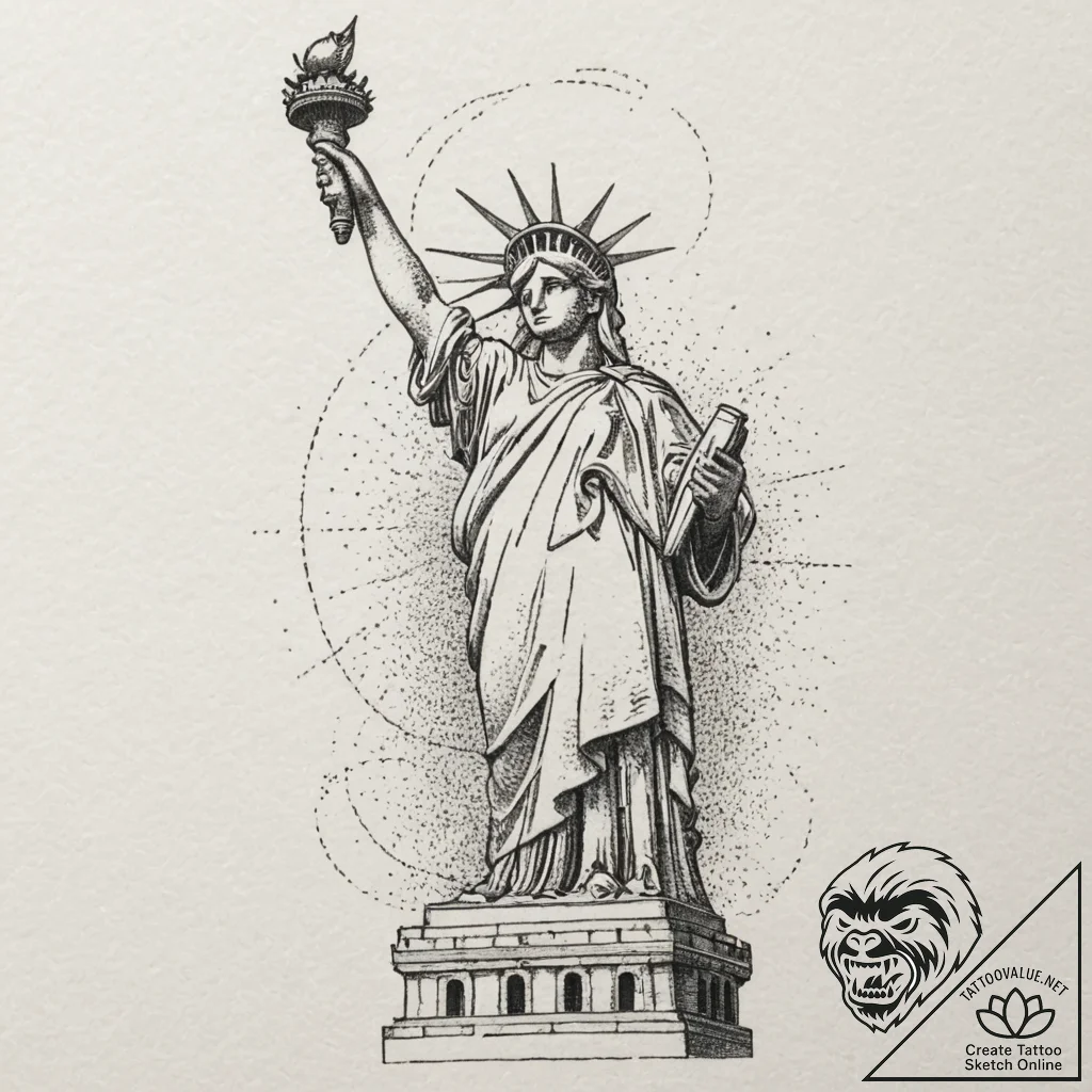 Statue of liberty, tattoo line art, dotwork t... - tattoo sketch (№1751358930_0, 01.07.2025 08:35) — tattoovalue.net