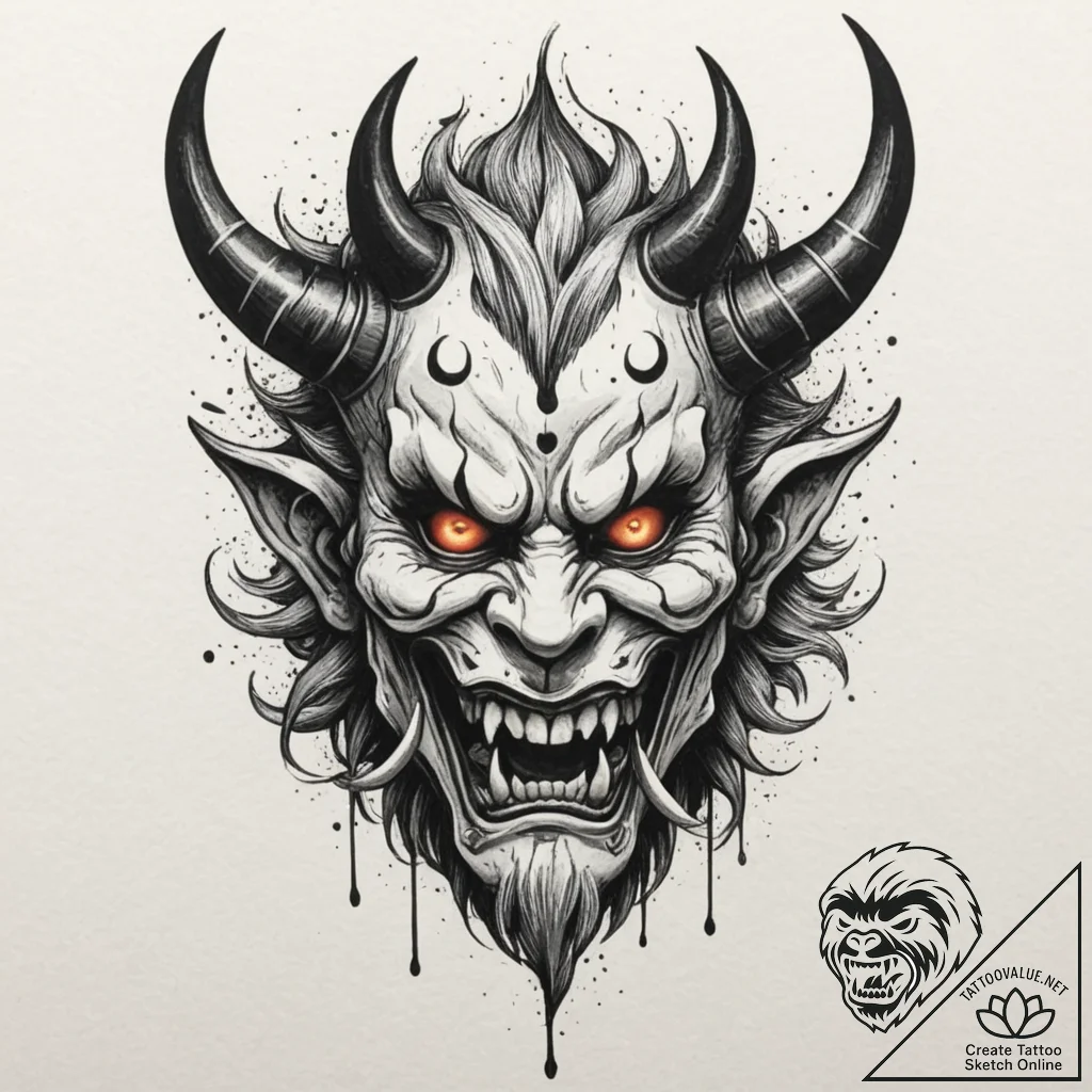 A trash polka tattoo of a japanese oni mask,... - tattoo sketch (№1751359933_0, 01.07.2025 08:52) — tattoovalue.net