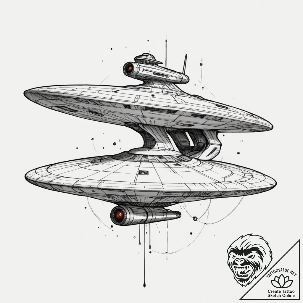 A linework tattoo of the starship enterprise,... - tattoo sketch (№1751360310_0, 01.07.2025 08:58) — tattoovalue.net