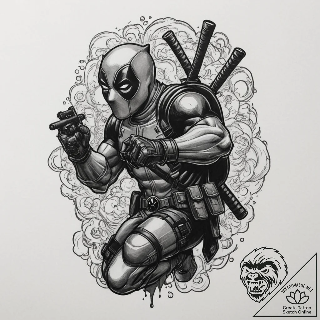 A neo-traditional tattoo of deadpool, breakin... - tattoo sketch (№1751360764_0, 01.07.2025 09:06) — tattoovalue.net