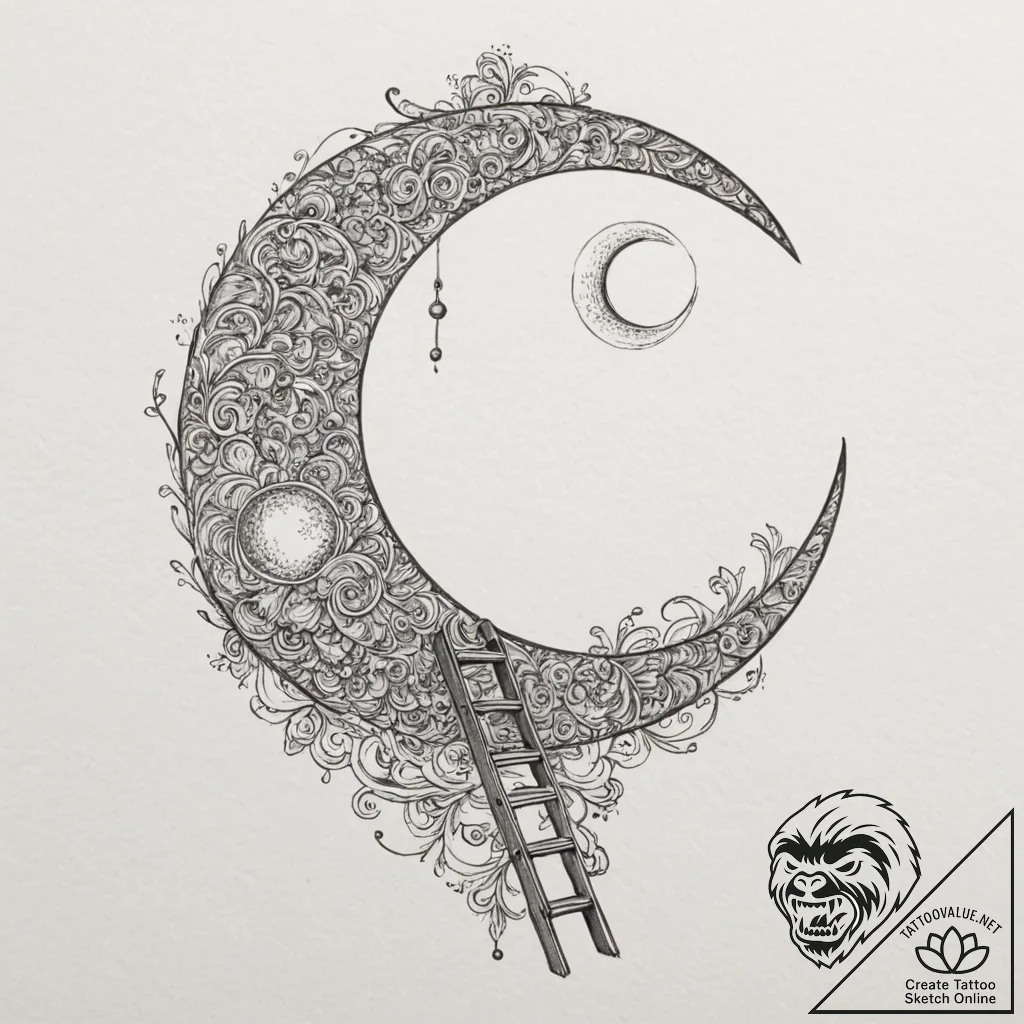 Ladder leaning on the moon, ink illustration... - tattoo sketch (№1751363180_0, 01.07.2025 09:46) — tattoovalue.net
