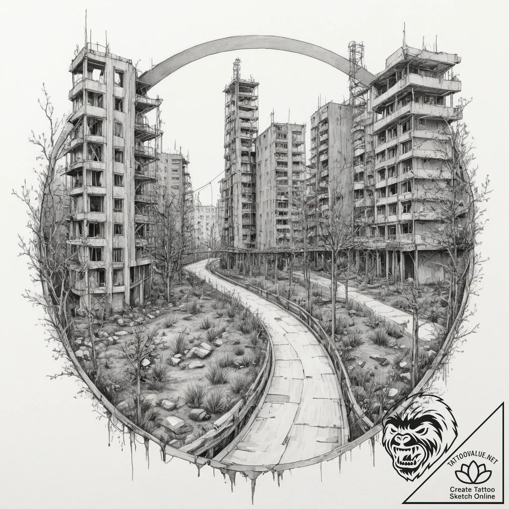 A watercolor sketch of the eerie, empty city... - tattoo sketch (№1751363556_0, 01.07.2025 09:52) — tattoovalue.net