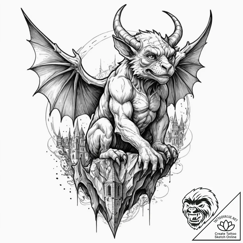 A graphic novel style tattoo of a gargoyle pe... - tattoo sketch (№1751364011_0, 01.07.2025 10:00) — tattoovalue.net