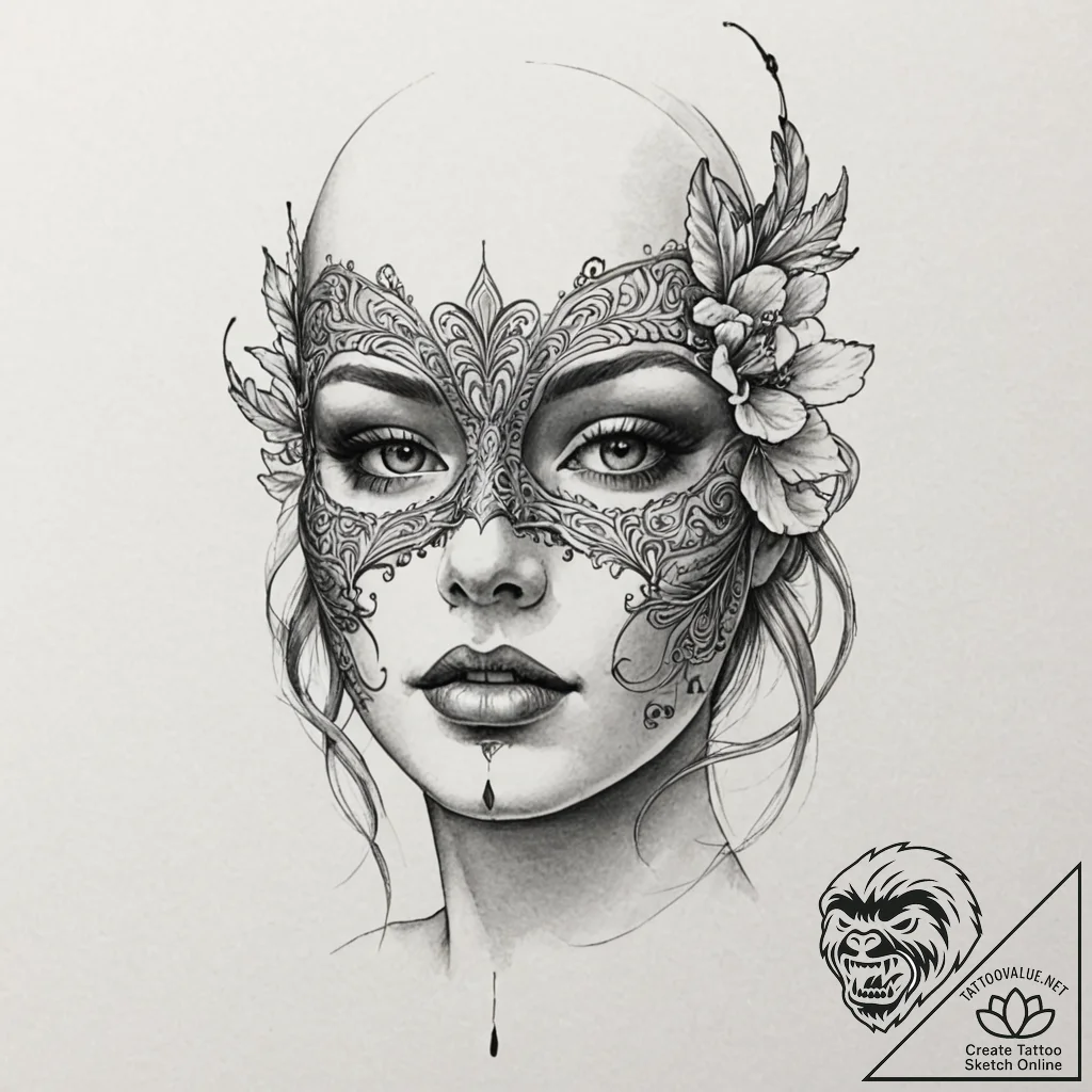 Mask, artistic tattoo sketch, realistic black... - tattoo sketch (№1751364793_0, 01.07.2025 10:13) — tattoovalue.net