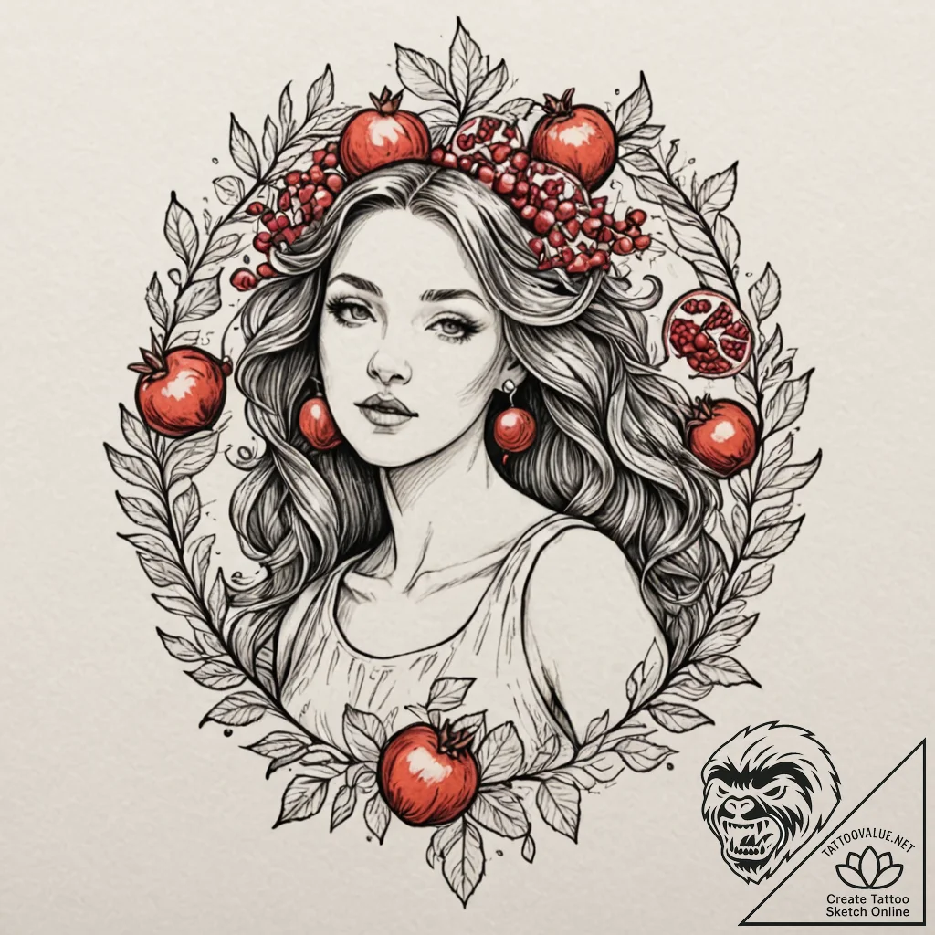Persephone with a pomegranate, tattoo drawing... - tattoo sketch (№1751365738_0, 01.07.2025 10:28) — tattoovalue.net