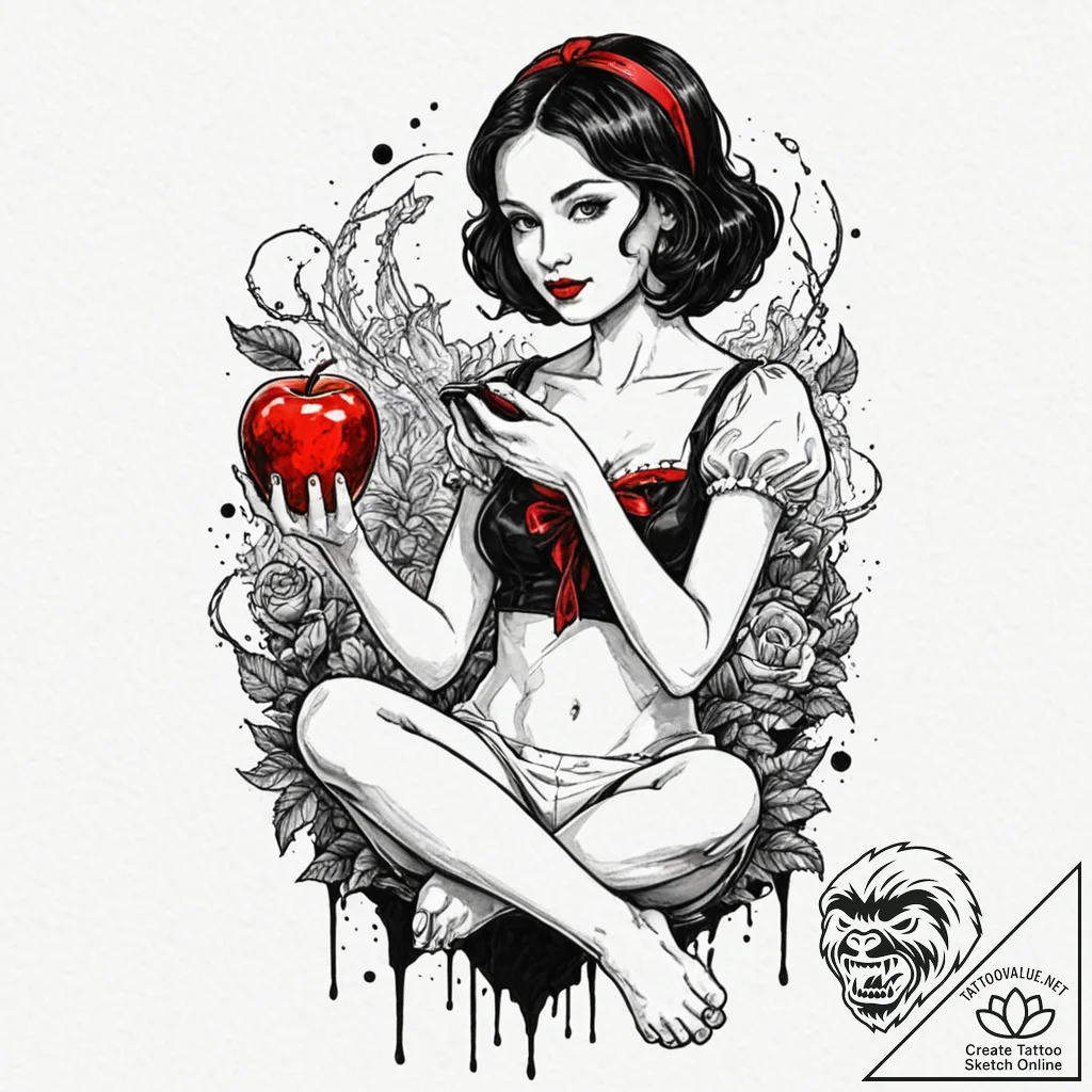 A trash polka tattoo of snow white holding a... - tattoo sketch (№1751365973_0, 01.07.2025 10:32) — tattoovalue.net