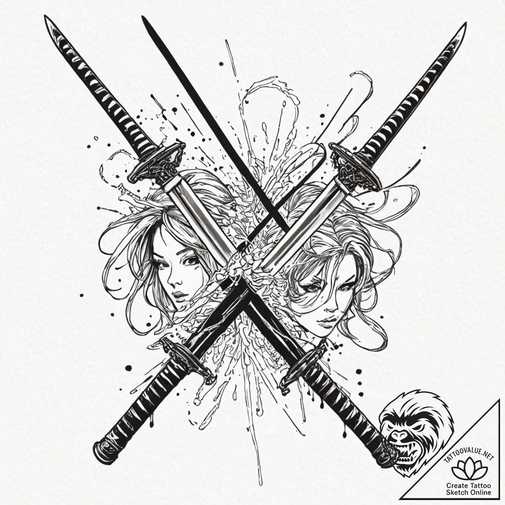 A linework tattoo of two crossed samurai swor... - tattoo sketch (№1751366678_0, 01.07.2025 10:44) — tattoovalue.net