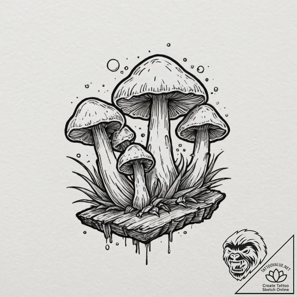 Bioluminescent mushrooms on a log, tattoo dra... - tattoo sketch (№1751368724_0, 01.07.2025 11:18) — tattoovalue.net
