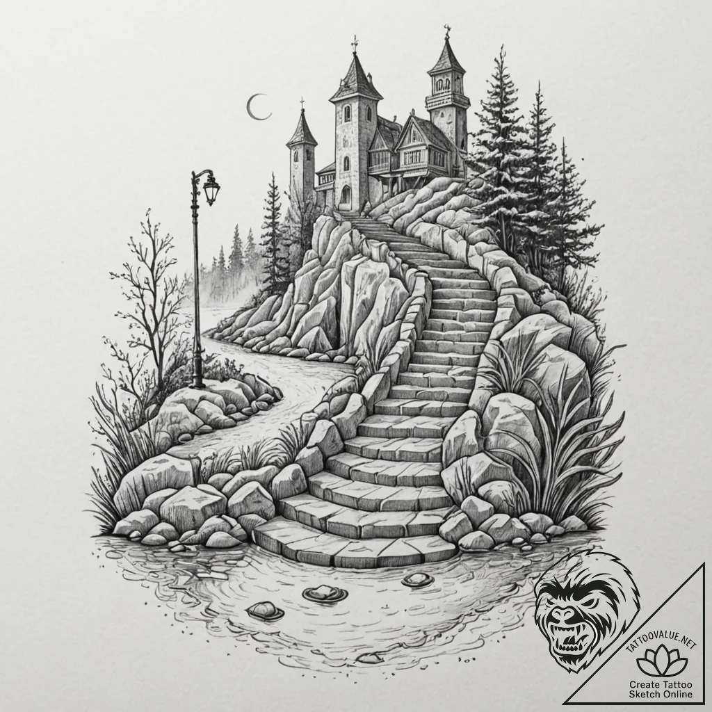 Stairway leading to a submerged city, tattoo... - tattoo sketch (№1751373361_0, 01.07.2025 12:36) — tattoovalue.net