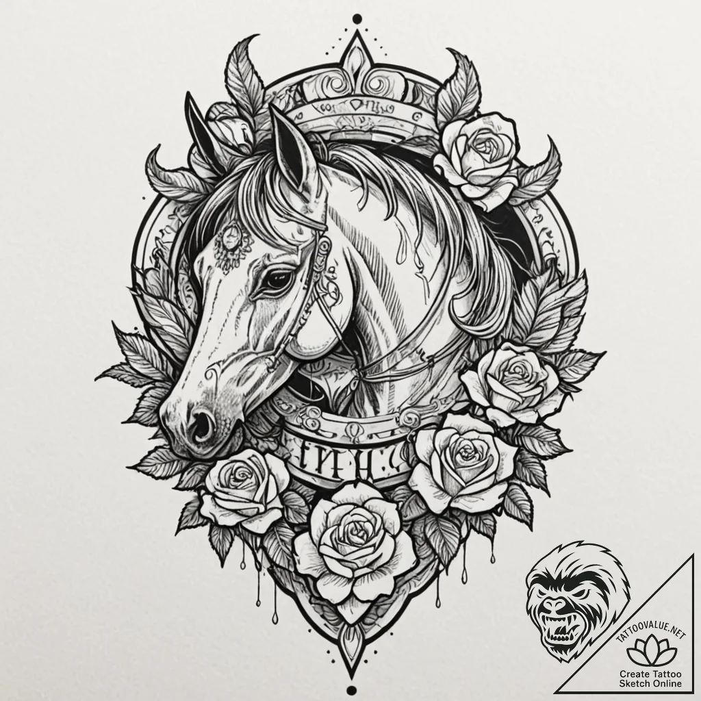 A trash polka sketch of the horse head in the... - tattoo sketch (№1751375318_0, 01.07.2025 13:08) — tattoovalue.net