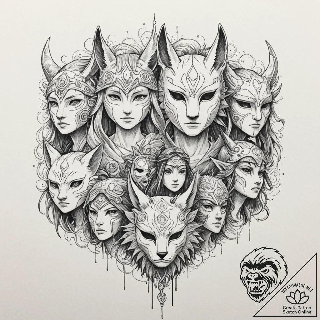 A linework design of the different masks worn... - tattoo sketch (№1751375837_0, 01.07.2025 13:17) — tattoovalue.net