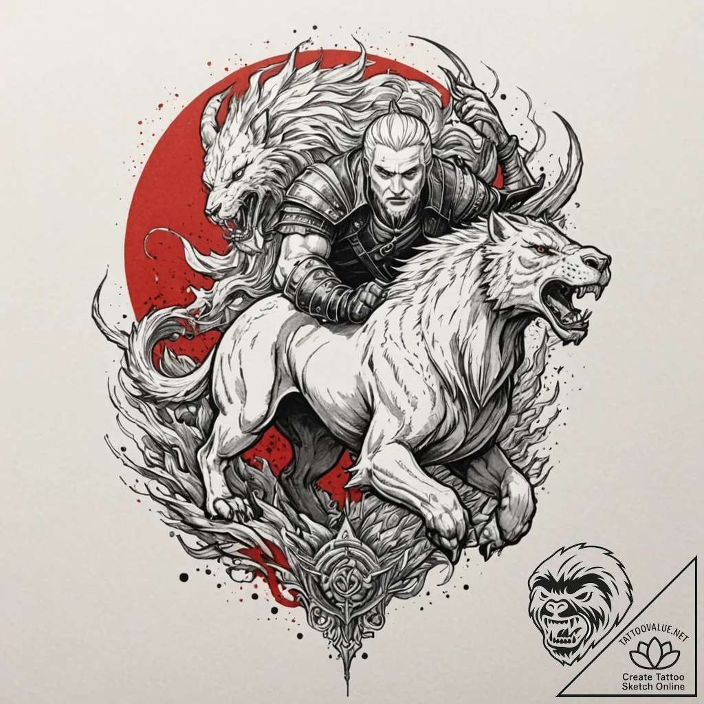 A graphic novel style tattoo of geralt fighti... - tattoo sketch (№1751378041_0, 01.07.2025 13:54) — tattoovalue.net