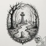 A watercolor sketch of a misty, spooky gravey… – tattoo sketch (№1751379772_0, 01.07.2025 14:22) — tattoovalue.net