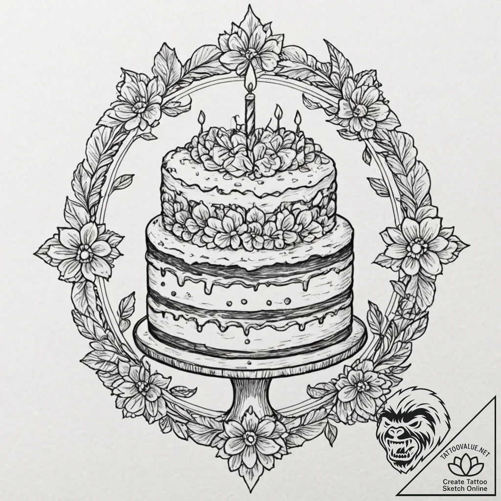 Cake, ink illustration for tattoo, no backgro... - tattoo sketch (№1751380367_0, 01.07.2025 14:32) — tattoovalue.net