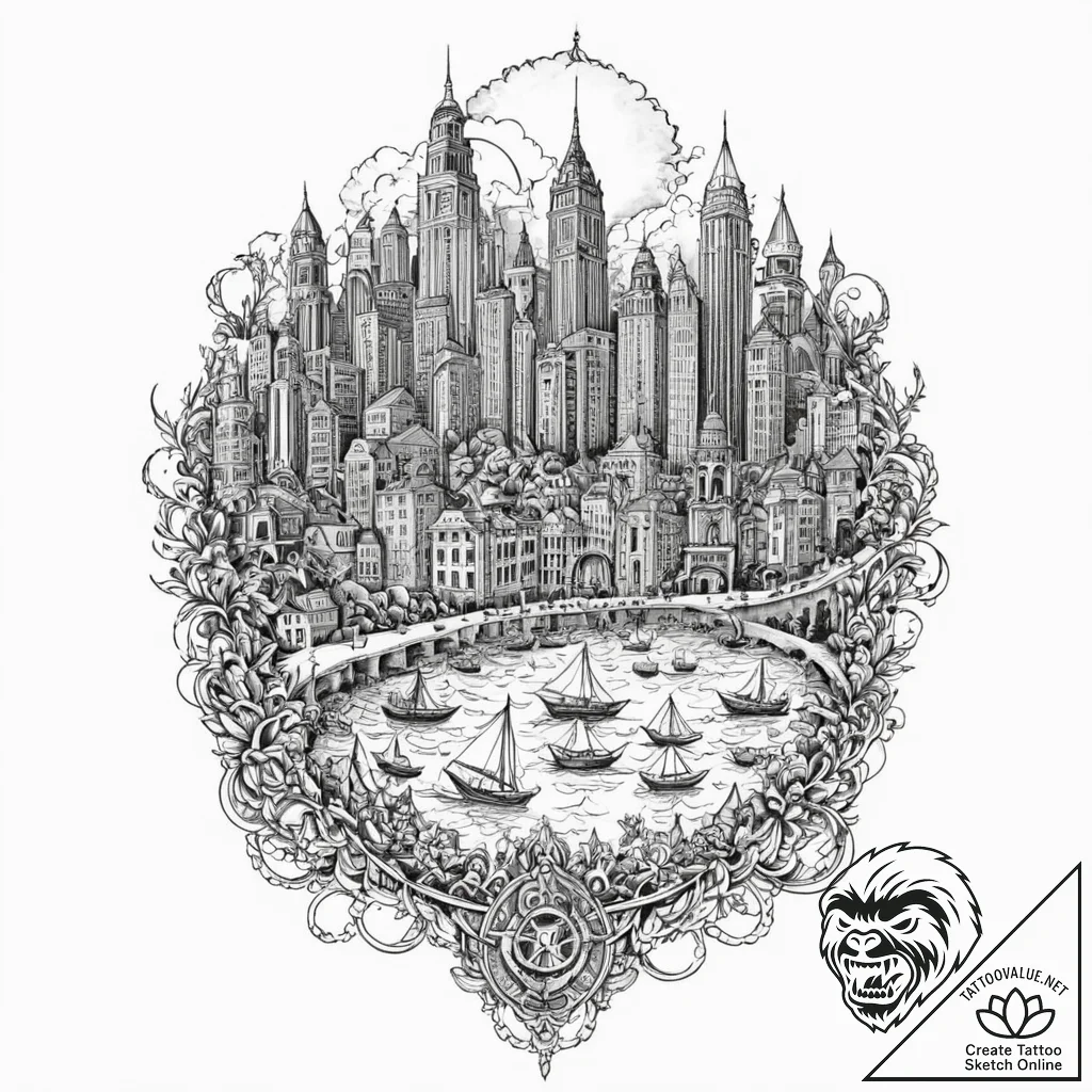 Dystopian city skyline, tattoo drawing outlin... - tattoo sketch (№1751380603_0, 01.07.2025 14:36) — tattoovalue.net