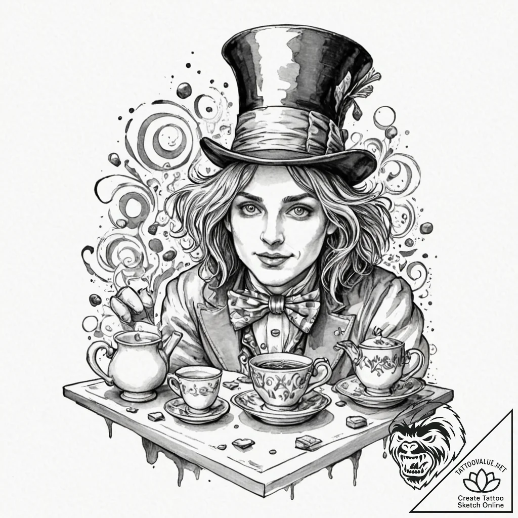 A watercolor tattoo of the mad hatter's tea p... - tattoo sketch (№1751381073_0, 01.07.2025 14:44) — tattoovalue.net