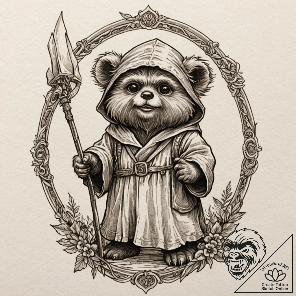 Neo-traditional tattoo of wicket the ewok hol... - tattoo sketch (№1751384062_0, 01.07.2025 15:34) — tattoovalue.net