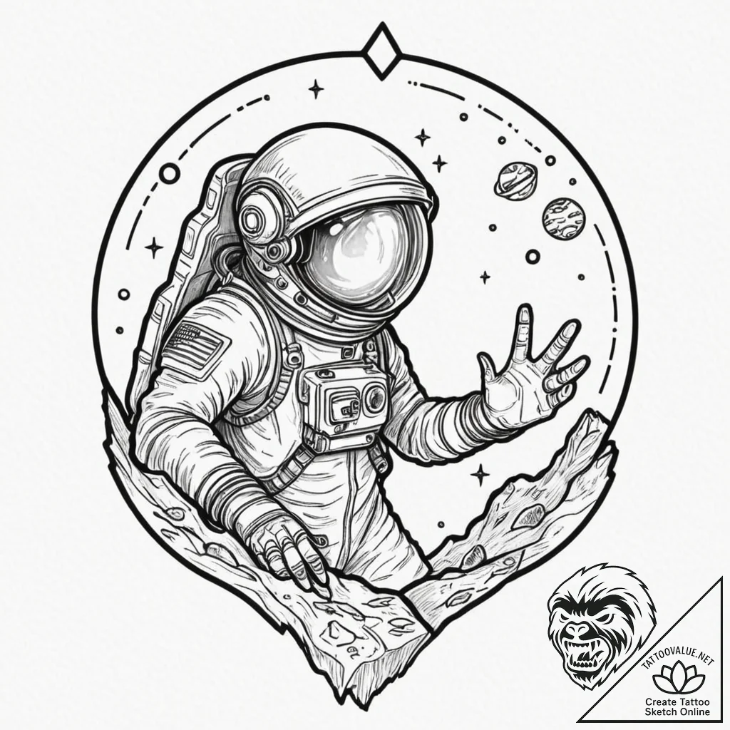 An astronaut discovering an alien artifact, t... - tattoo sketch (№1751386105_0, 01.07.2025 16:08) — tattoovalue.net